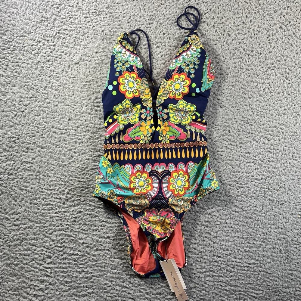 NWT Nanette Lepore Large Multicolor Floral Plunge One Piece Swimsuit MSRP $160